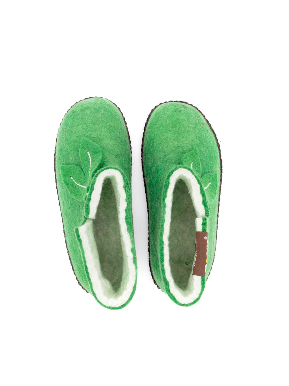 Mini mongs Uni grün mit Blatt - Kinderhausschuhe/Kinderpantoffeln