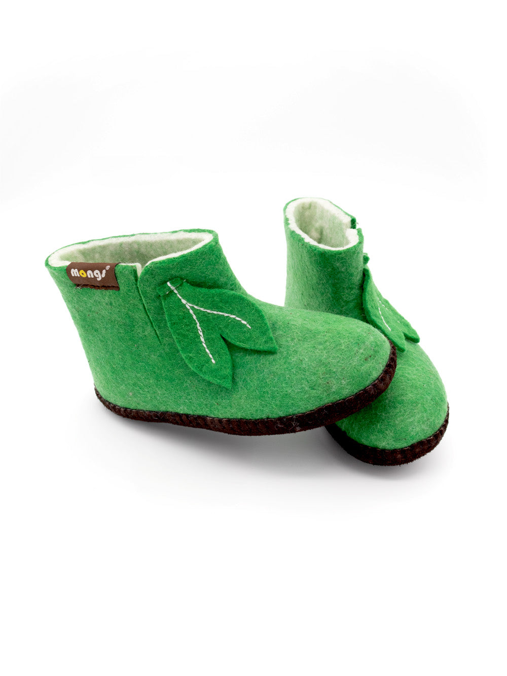 Mini mongs Uni grün mit Blatt - Kinderhausschuhe/Kinderpantoffeln