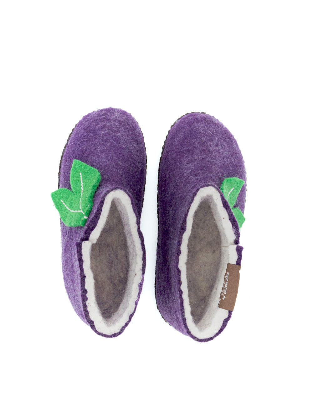 Mini mongs Uni violett mit Blatt - Kinderhausschuhe/Kinderpantoffeln
