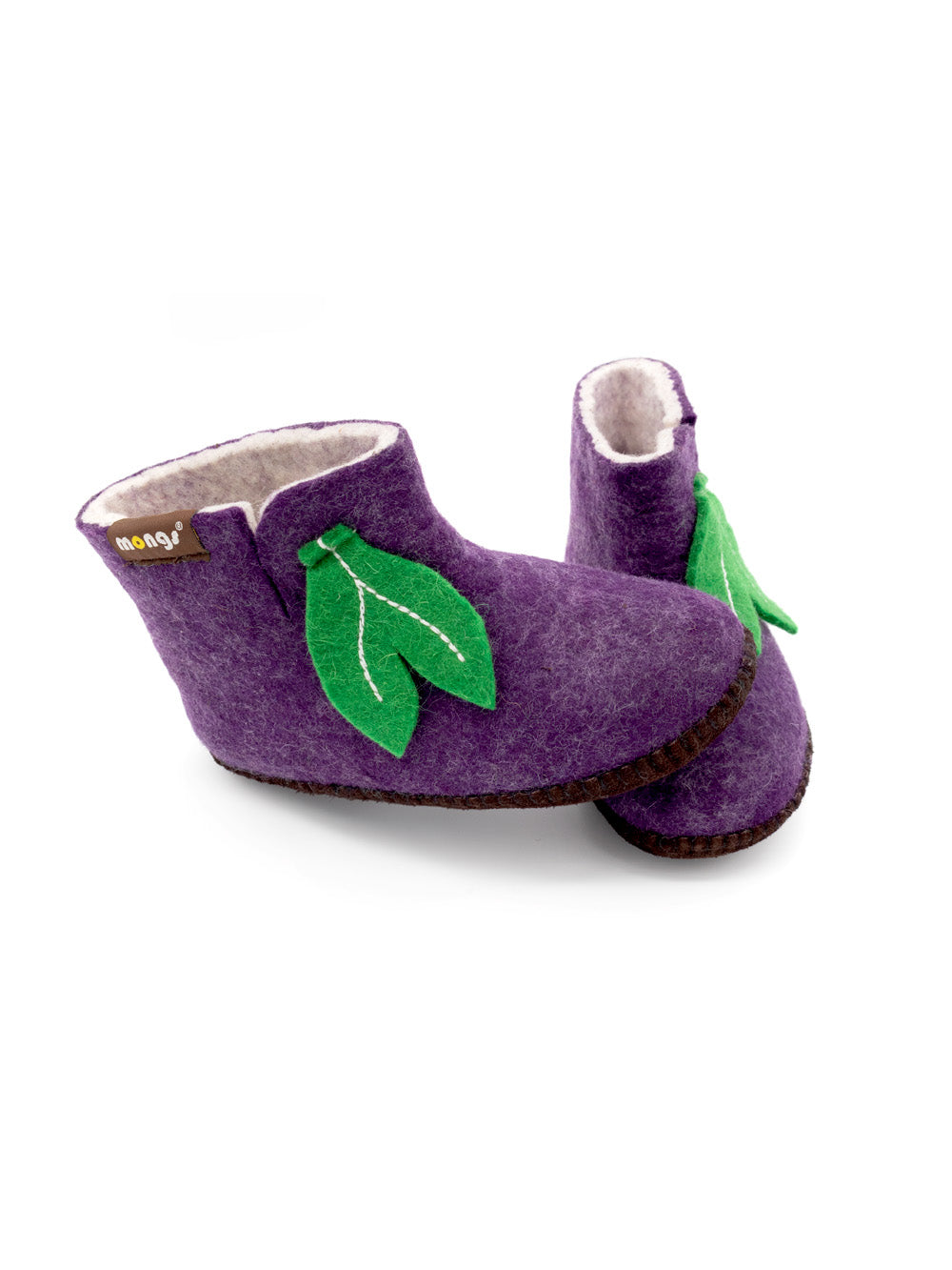 Mini mongs Uni violett mit Blatt - Kinderhausschuhe/Kinderpantoffeln