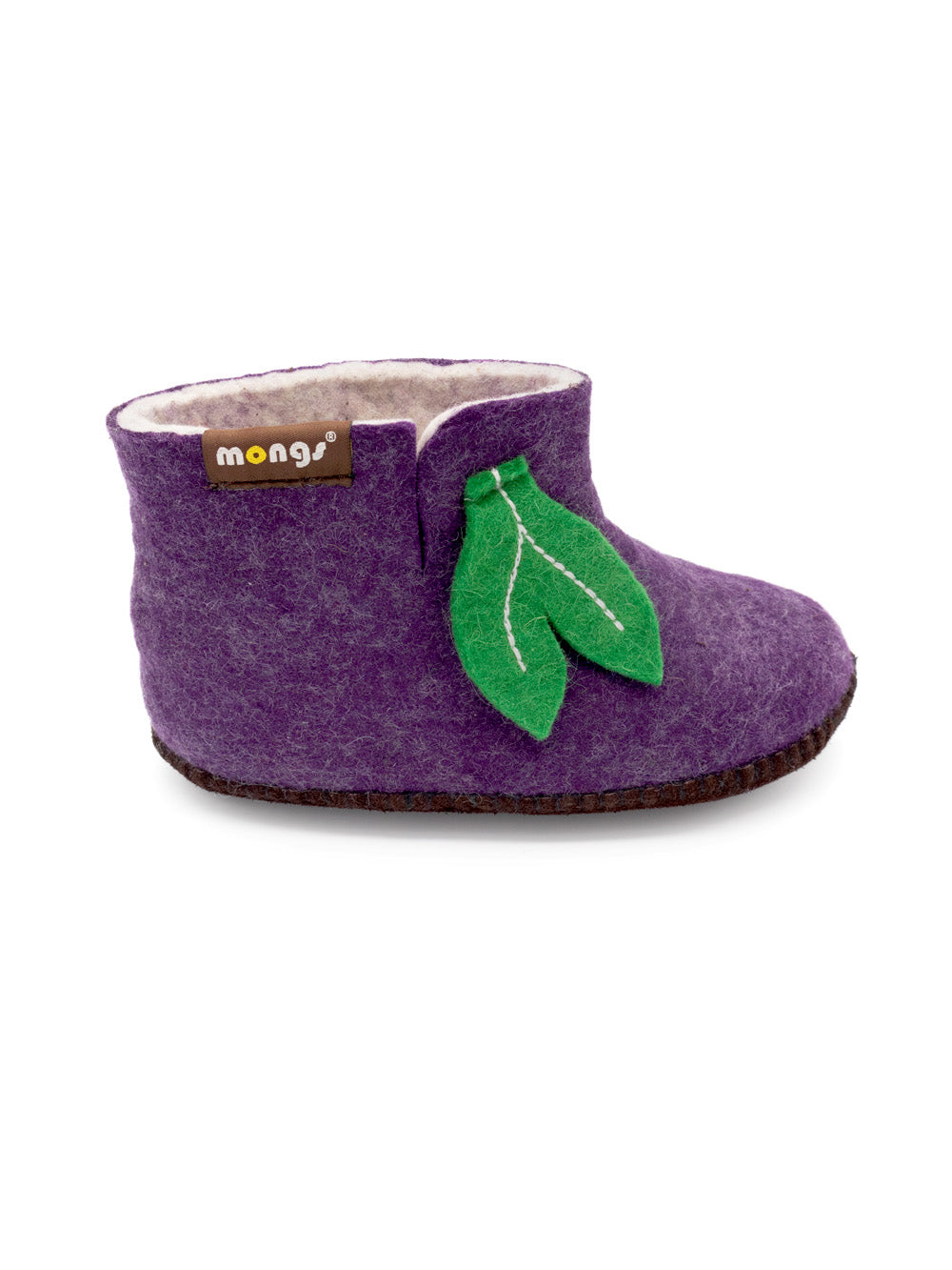 Mini mongs Uni violett mit Blatt - Kinderhausschuhe/Kinderpantoffeln