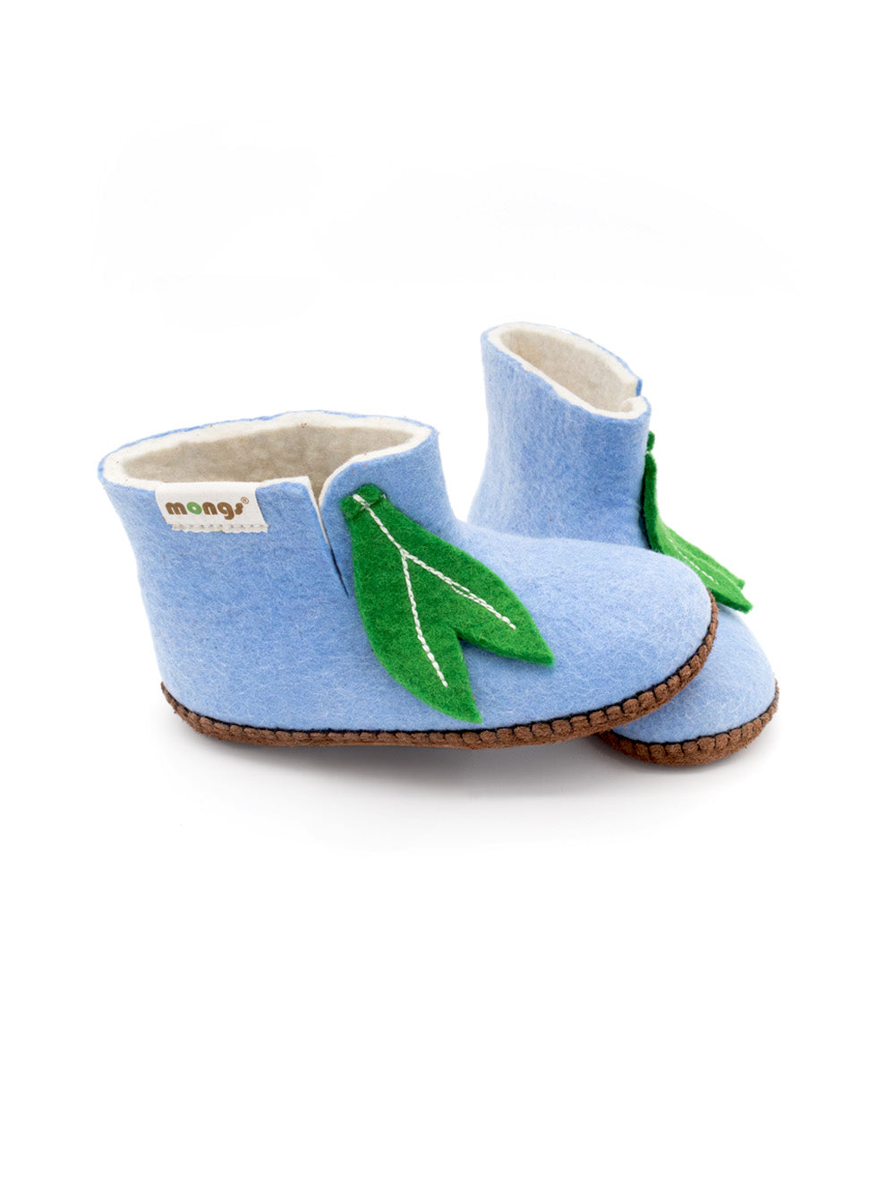 Baby Mongs Uni hellblau mit Blatt - Babyschuhe / Krabbelschuhe