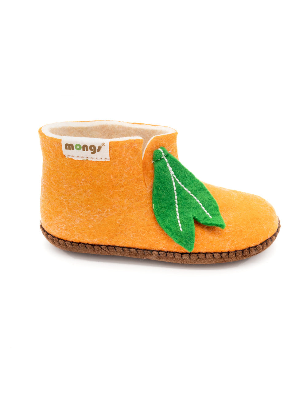 Mini Mongs Uni orange mit Blatt - Kinderhausschuhe/Kinderpantoffeln