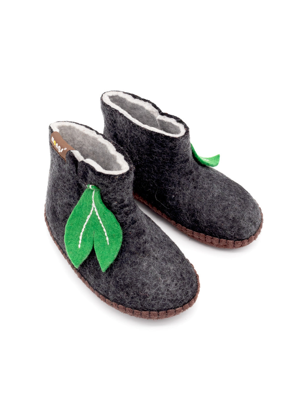 Baby Mongs Uni schwarz mit Blatt - Babyschuhe / Krabbelschuhe