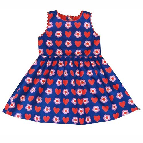 blue children's dress with flowers and hearts